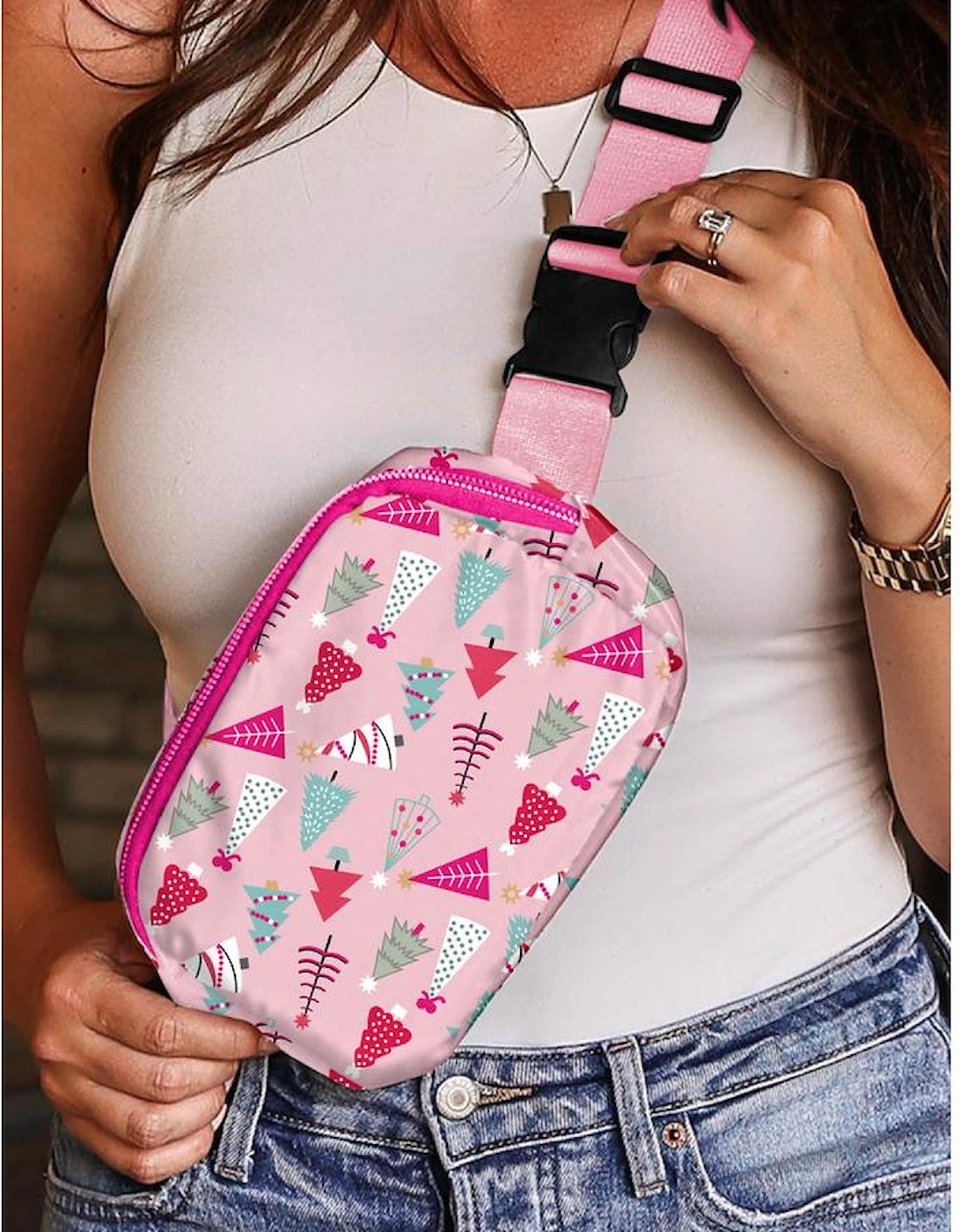 Pink Christmas Tree Print Buckle Wide Strap Sling Bag
