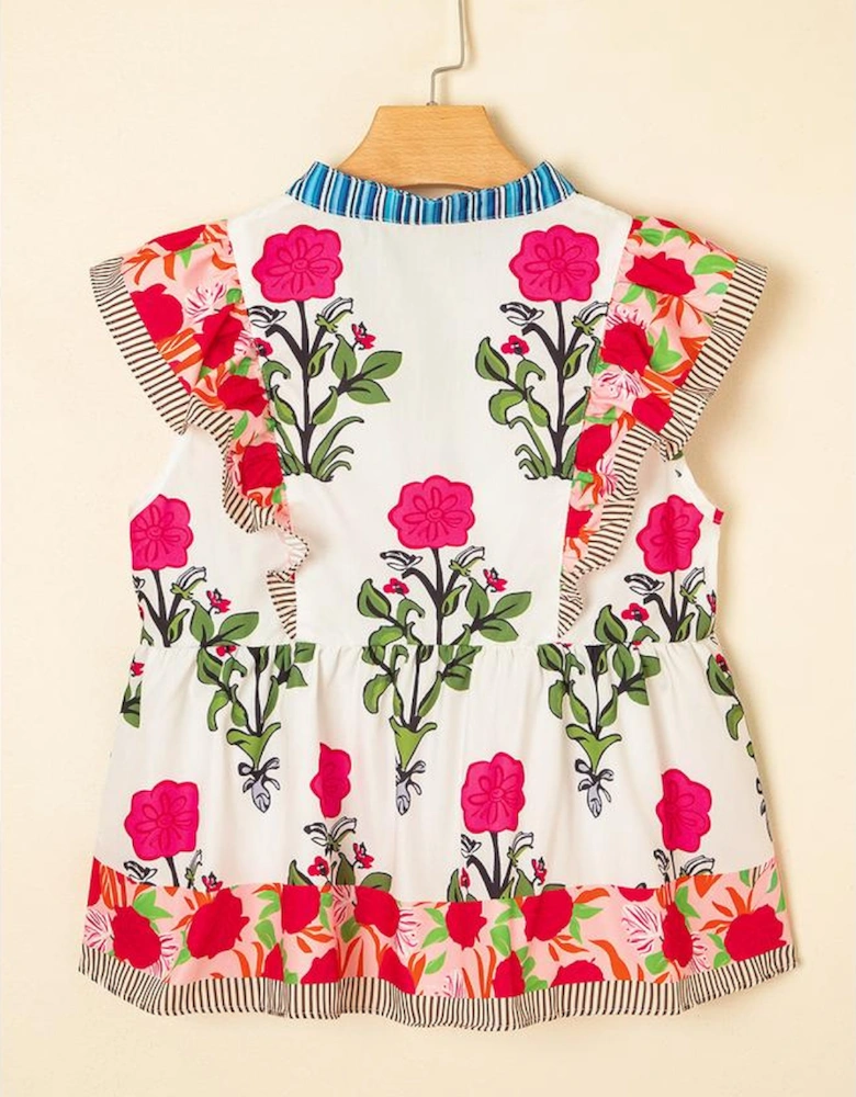 Pink Floral Print Tie Neck Striped Detail Flutter Sleeve Blouse