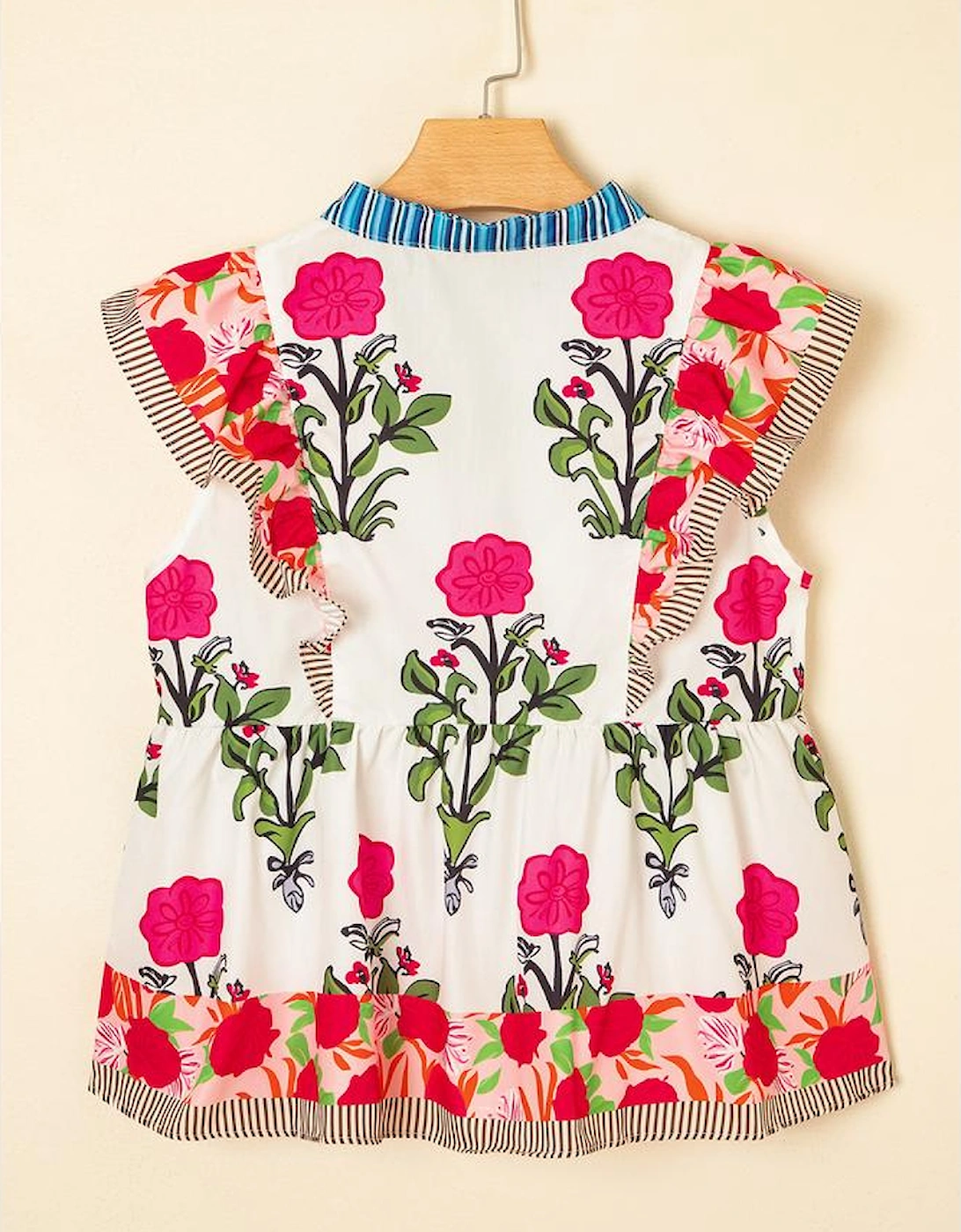 Pink Floral Print Tie Neck Striped Detail Flutter Sleeve Blouse