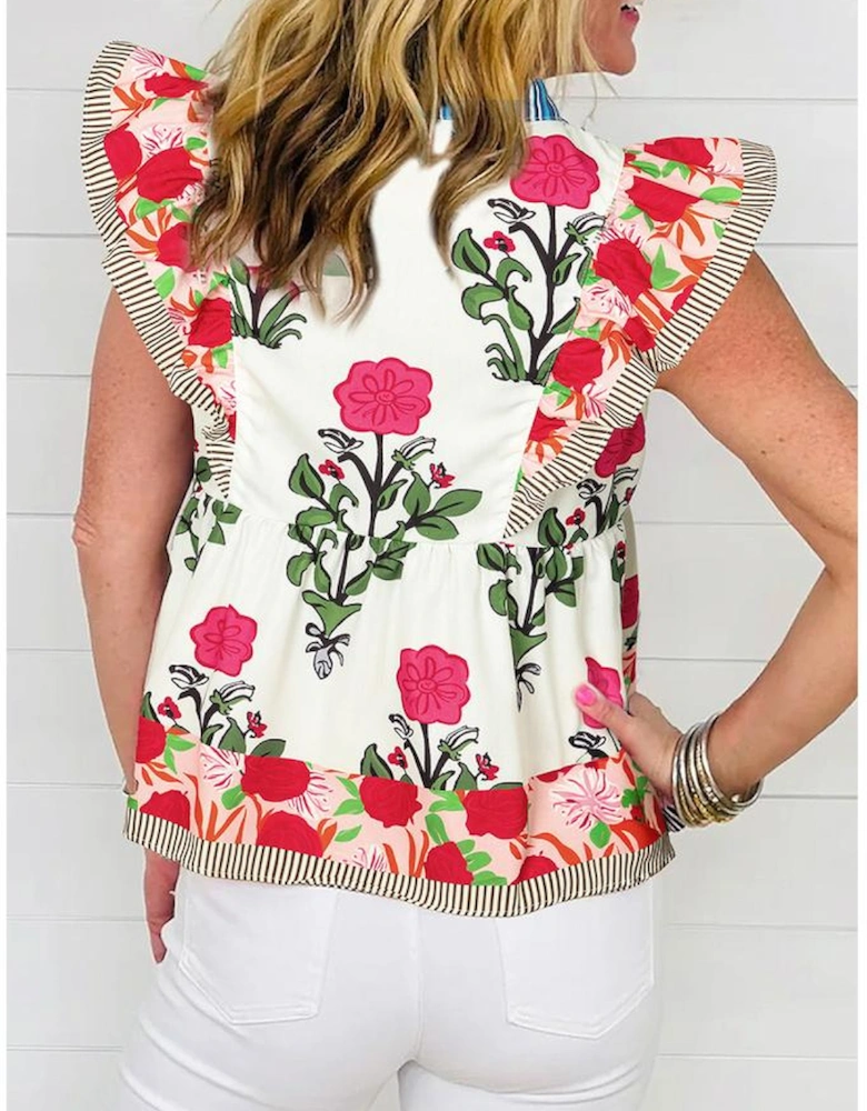 Pink Floral Print Tie Neck Striped Detail Flutter Sleeve Blouse
