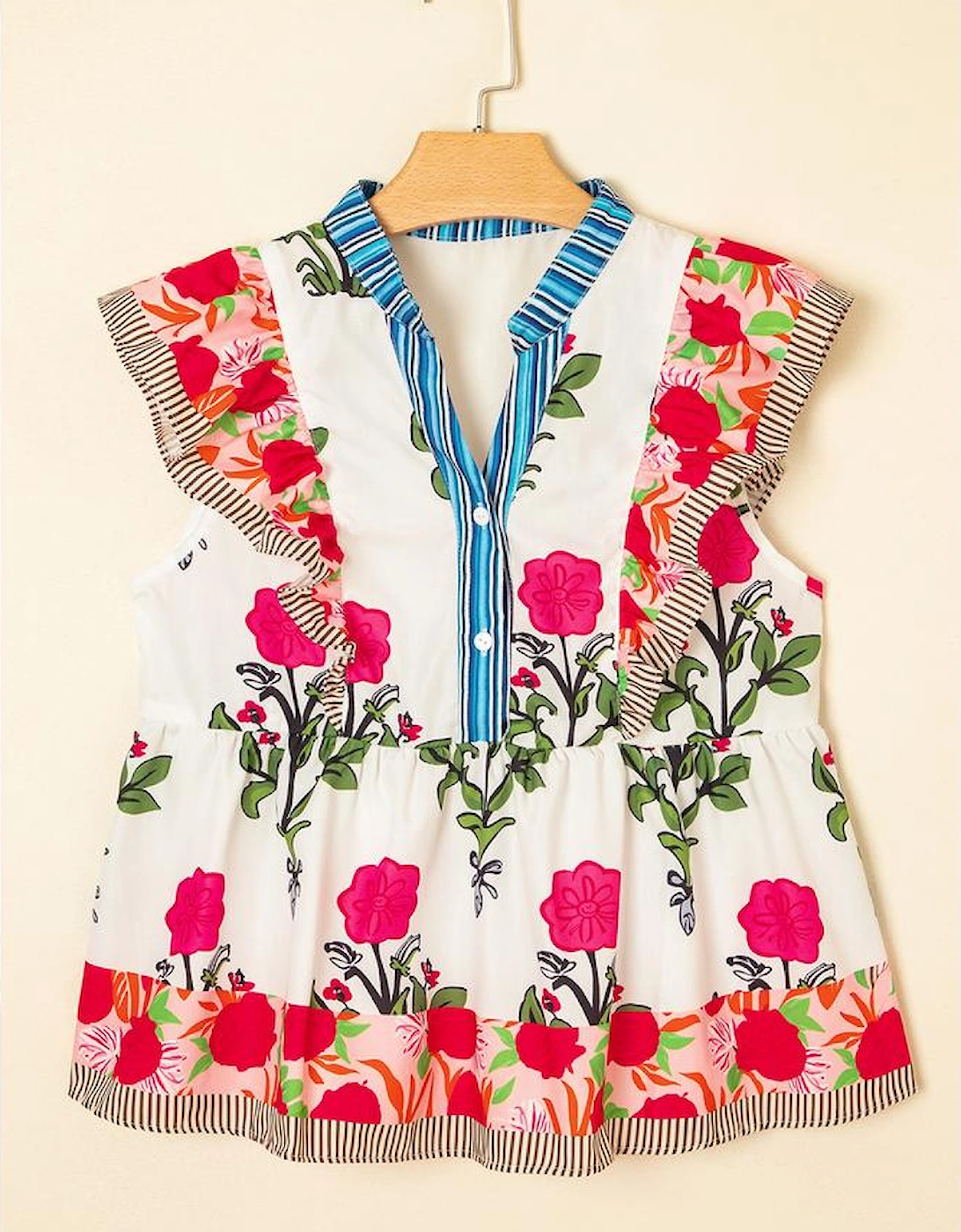 Pink Floral Print Tie Neck Striped Detail Flutter Sleeve Blouse