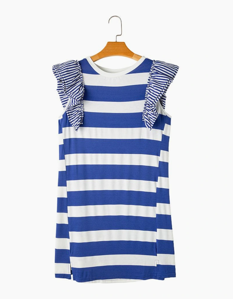 Sky Blue Stripe Contrast Ruffled Sleeve T-shirt Dress