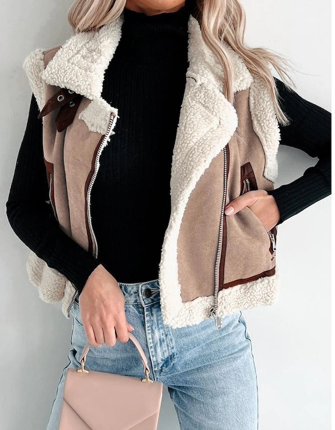 Dark Khaki Sherpa Lined Faux Suede Lapel Collar Vest