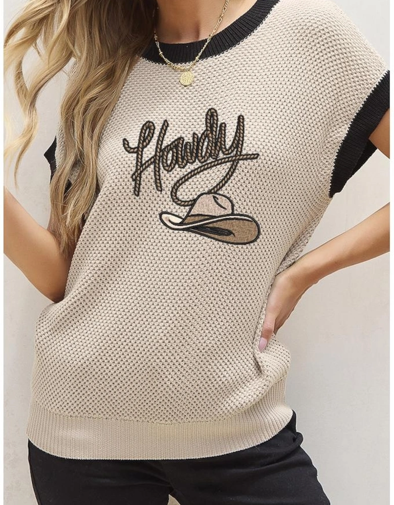 Light French Beige Howdy Cowboy Hat Embroidered Short Sleeve Sweater