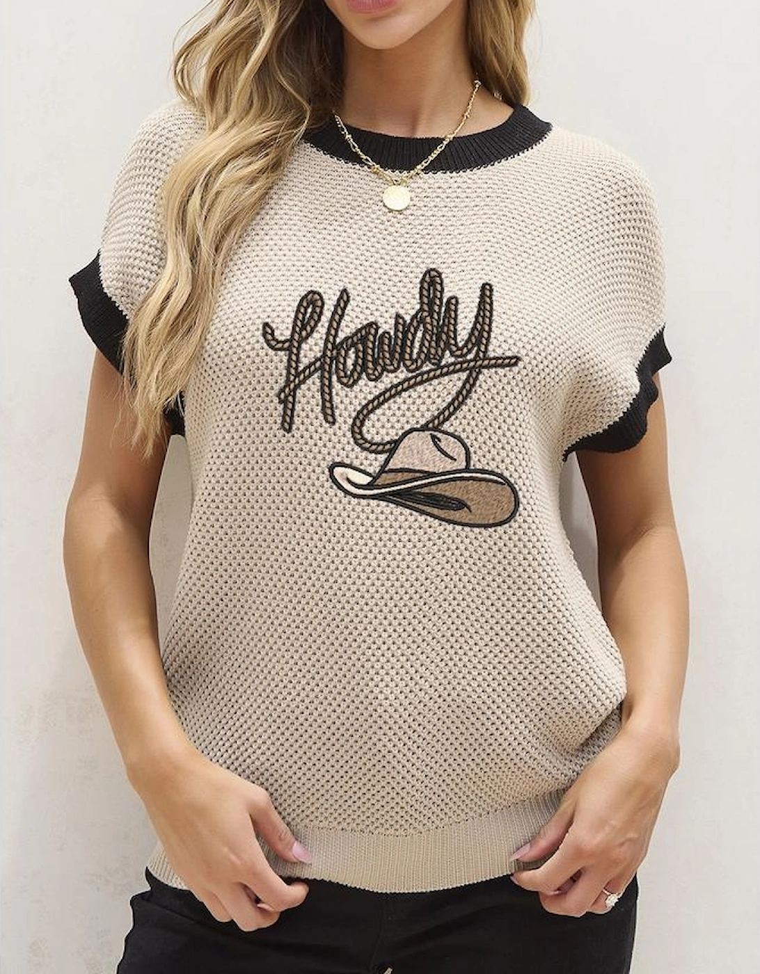 Light French Beige Howdy Cowboy Hat Embroidered Short Sleeve Sweater