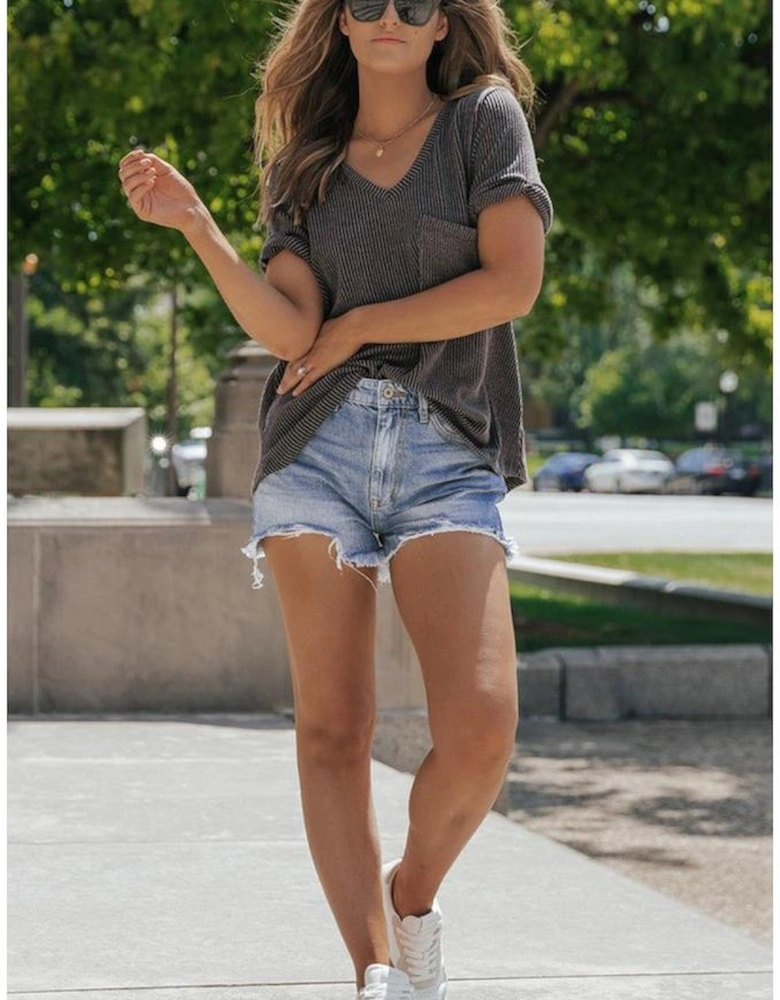 Carbon Grey Twist Short Sleeve Corded V Neck Top