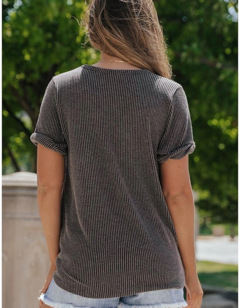 Carbon Grey Twist Short Sleeve Corded V Neck Top