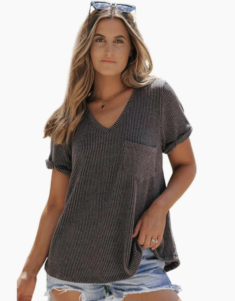 Carbon Grey Twist Short Sleeve Corded V Neck Top