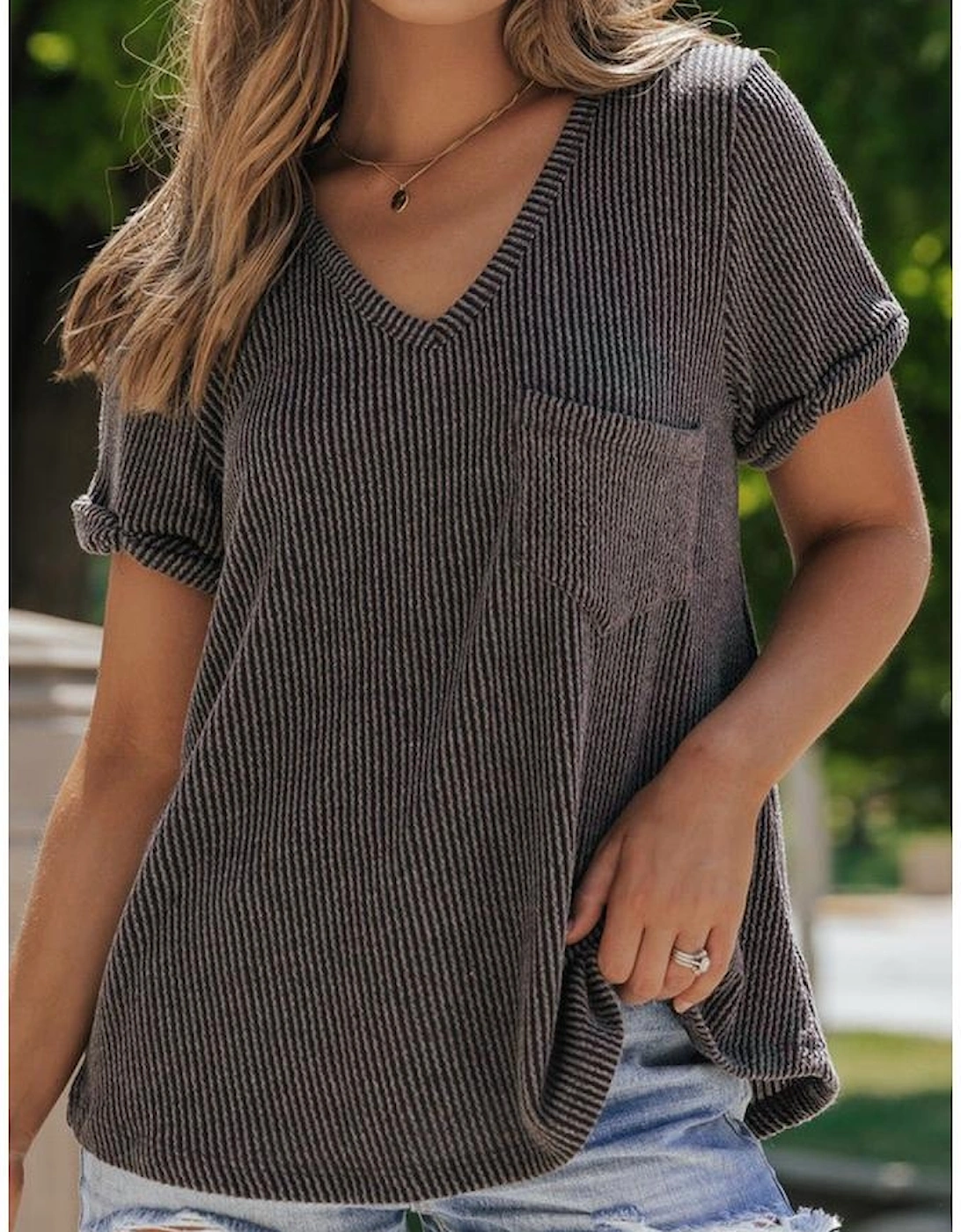 Carbon Grey Twist Short Sleeve Corded V Neck Top