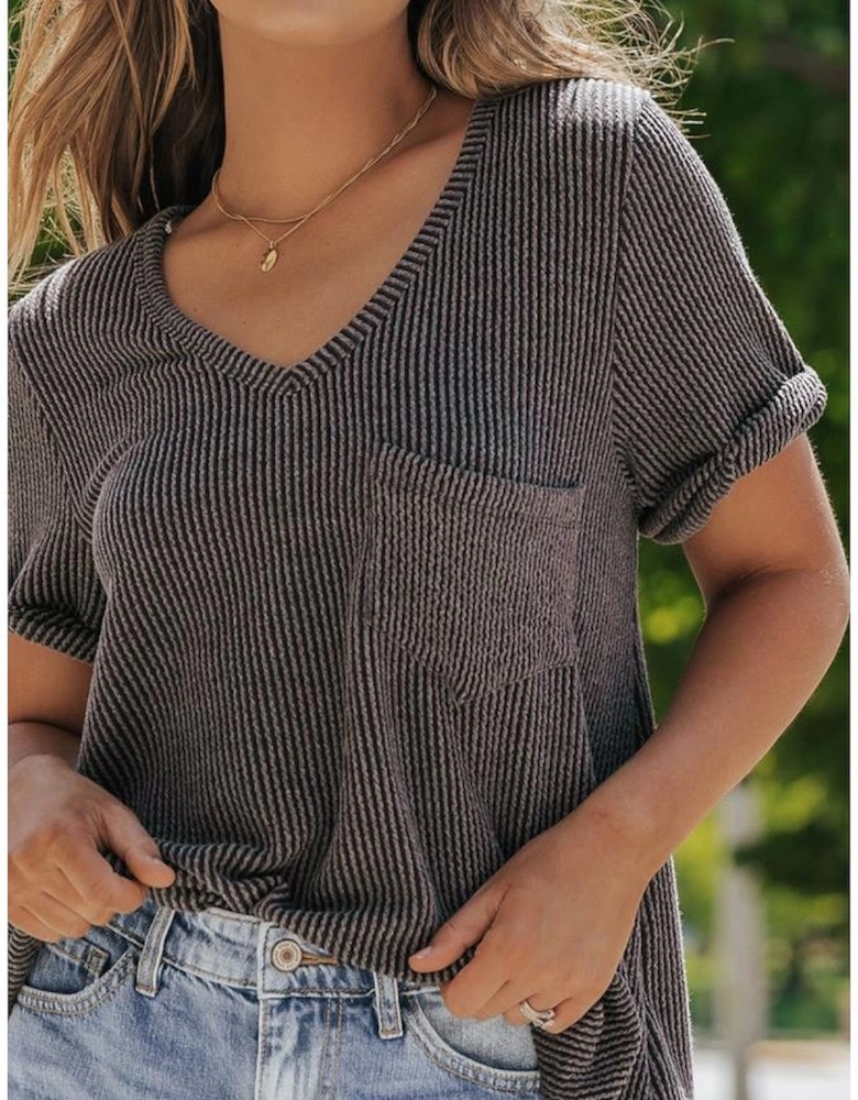 Carbon Grey Twist Short Sleeve Corded V Neck Top