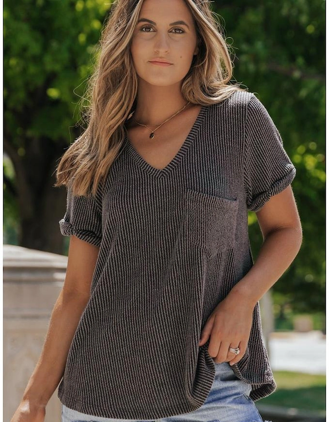 Carbon Grey Twist Short Sleeve Corded V Neck Top