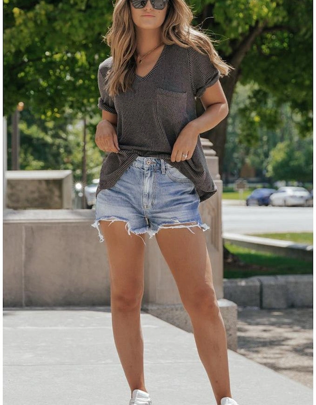 Carbon Grey Twist Short Sleeve Corded V Neck Top