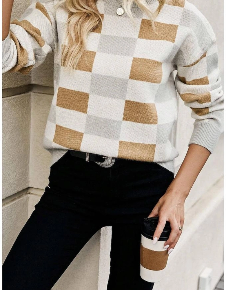 Khaki Checkered Ribbed Edge O Neck Drop Shoulder Sweater