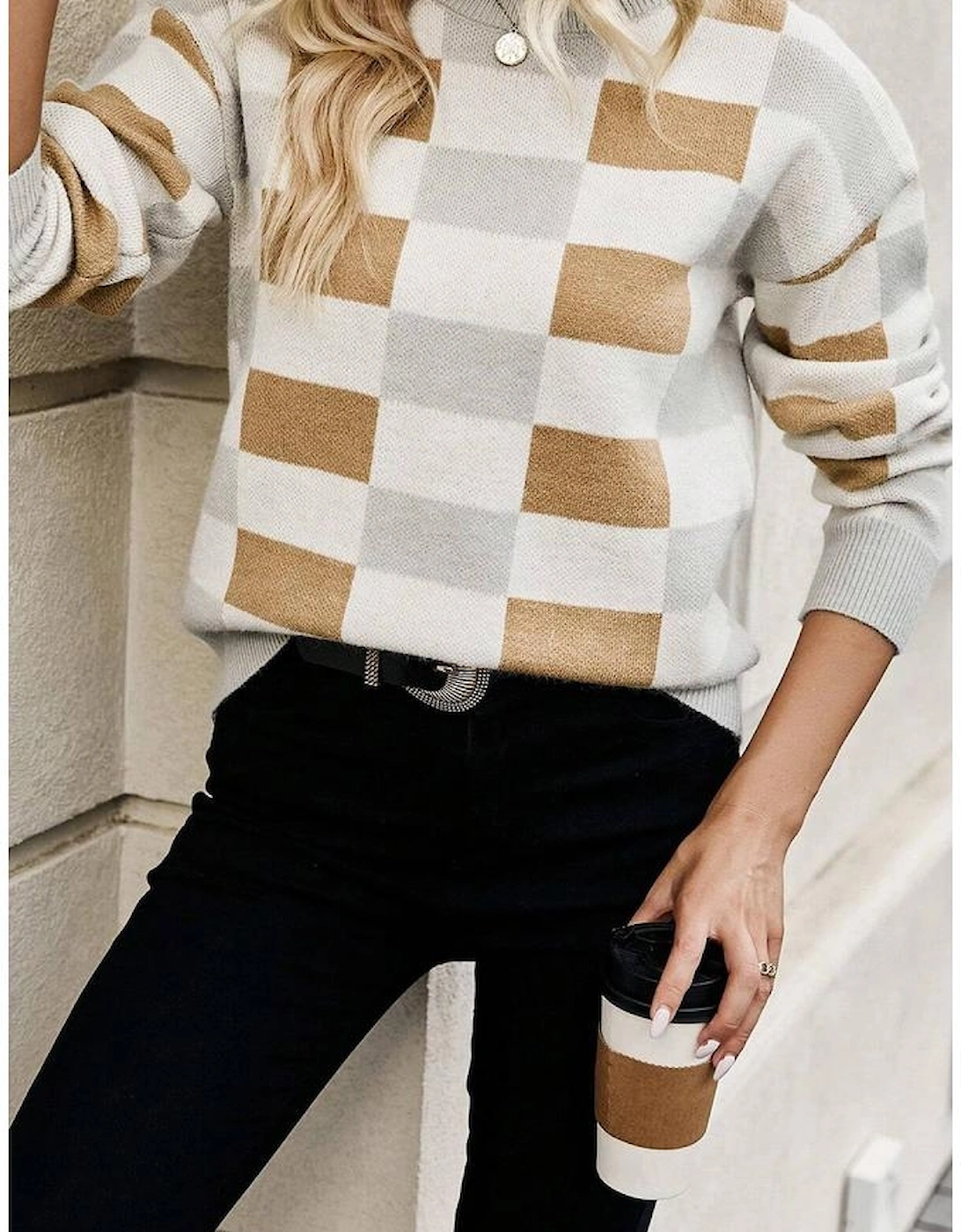Khaki Checkered Ribbed Edge O Neck Drop Shoulder Sweater