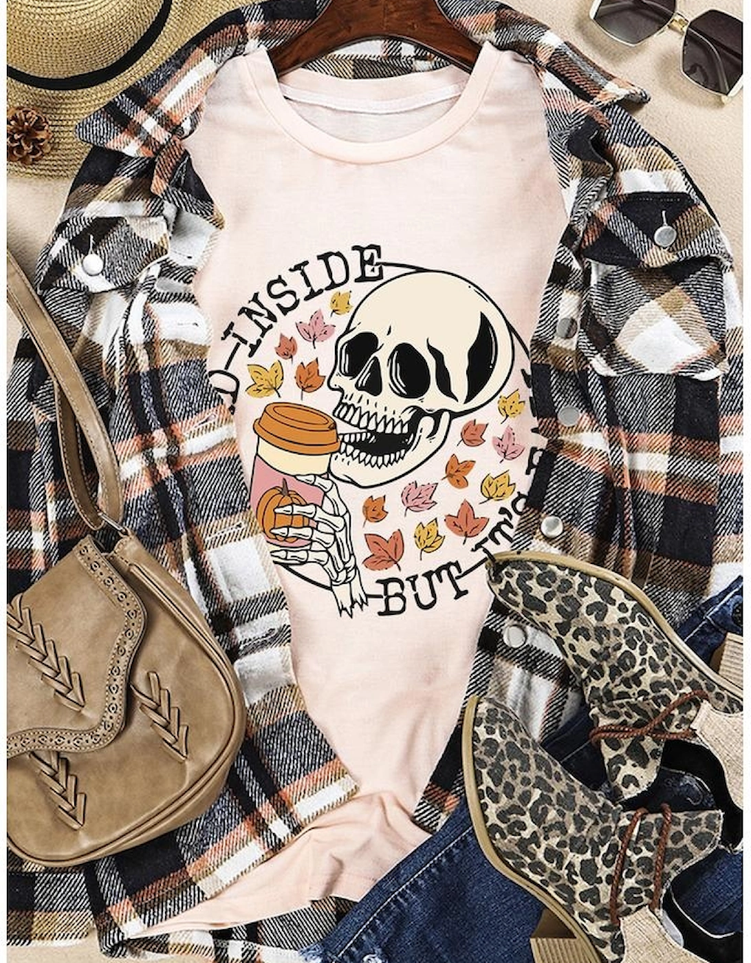 Azura Exchange Fall-themed Skull Pumpkin Maple Leaf T-Shirt