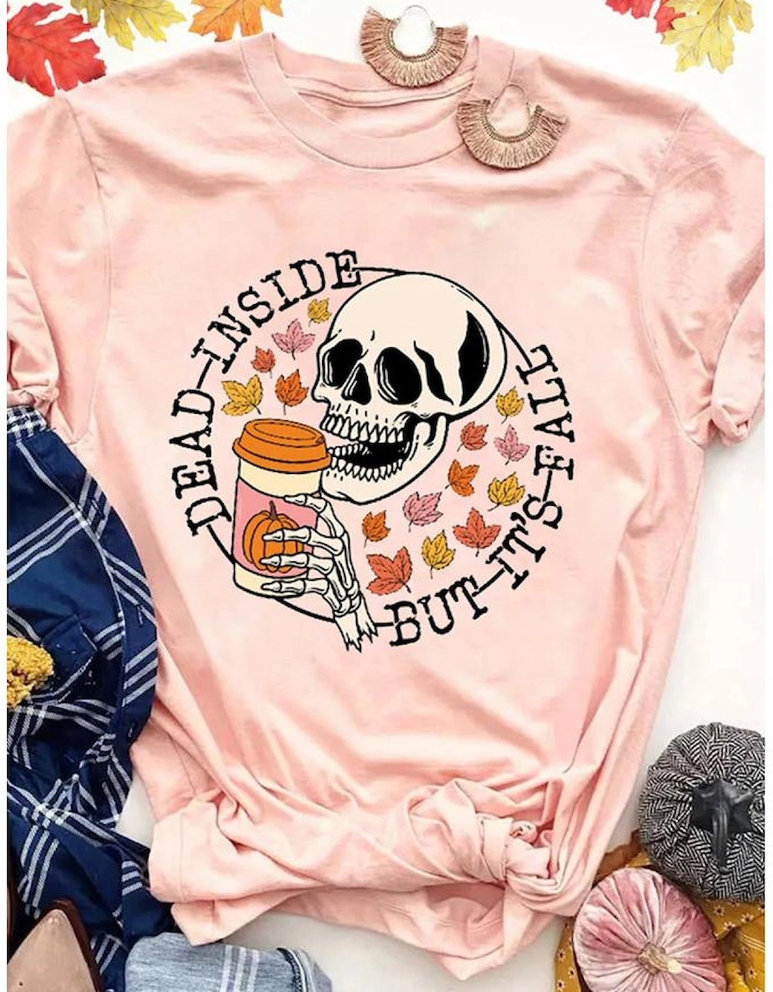 Azura Exchange Fall-themed Skull Pumpkin Maple Leaf T-Shirt