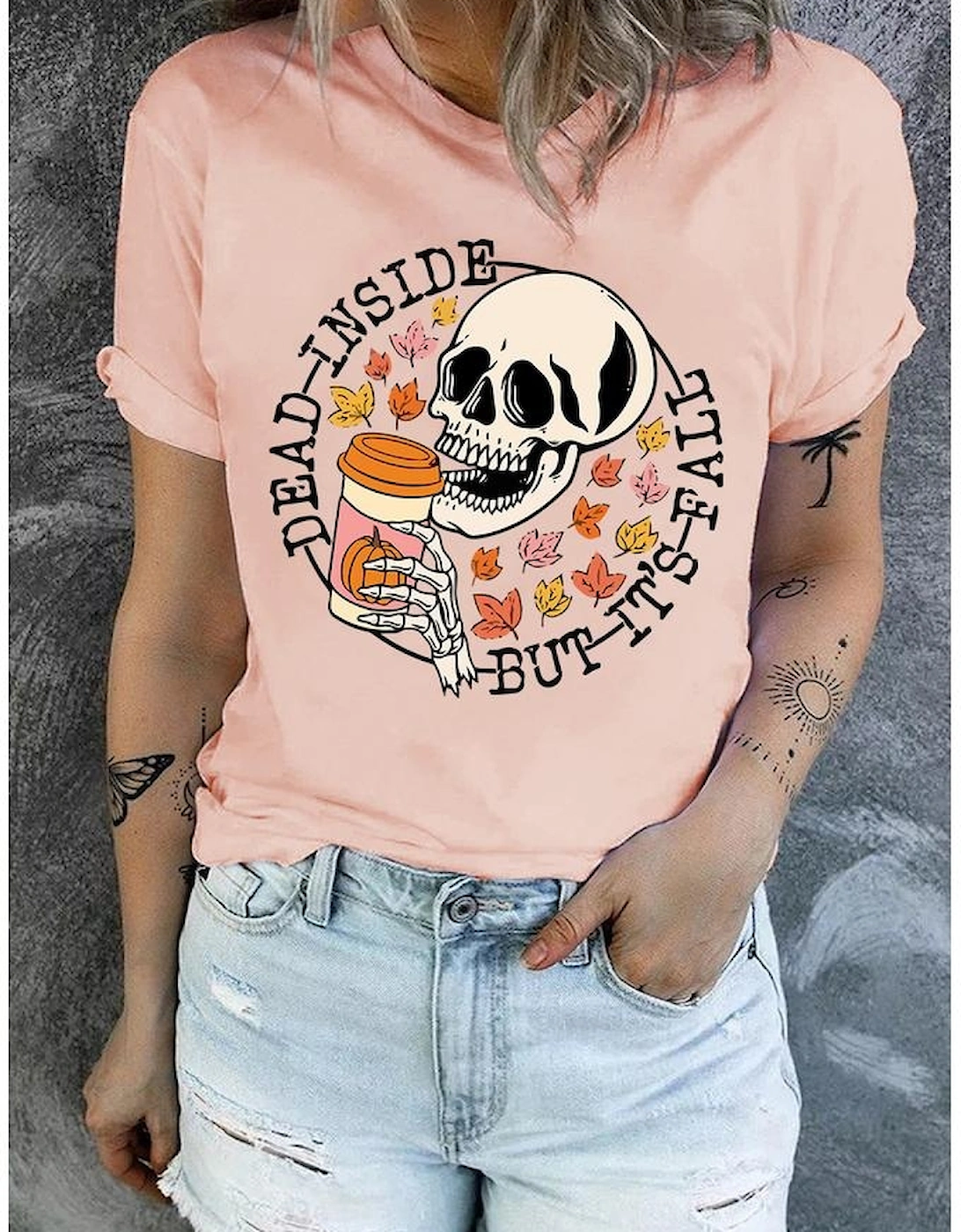 Azura Exchange Fall-themed Skull Pumpkin Maple Leaf T-Shirt