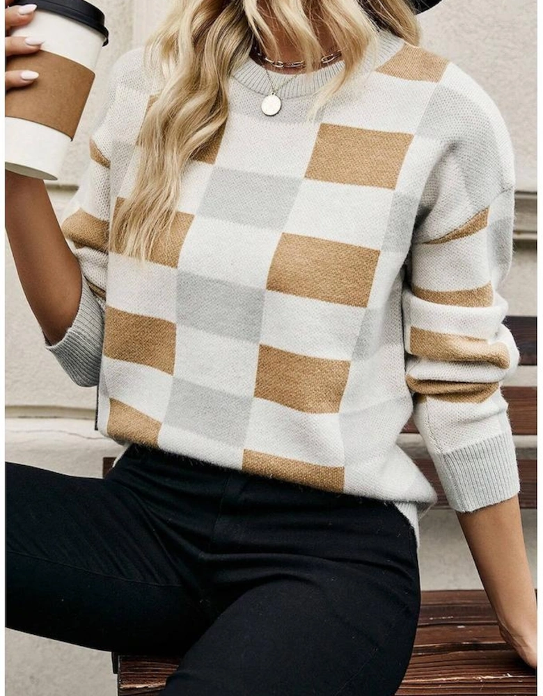 Khaki Checkered Ribbed Edge O Neck Drop Shoulder Sweater