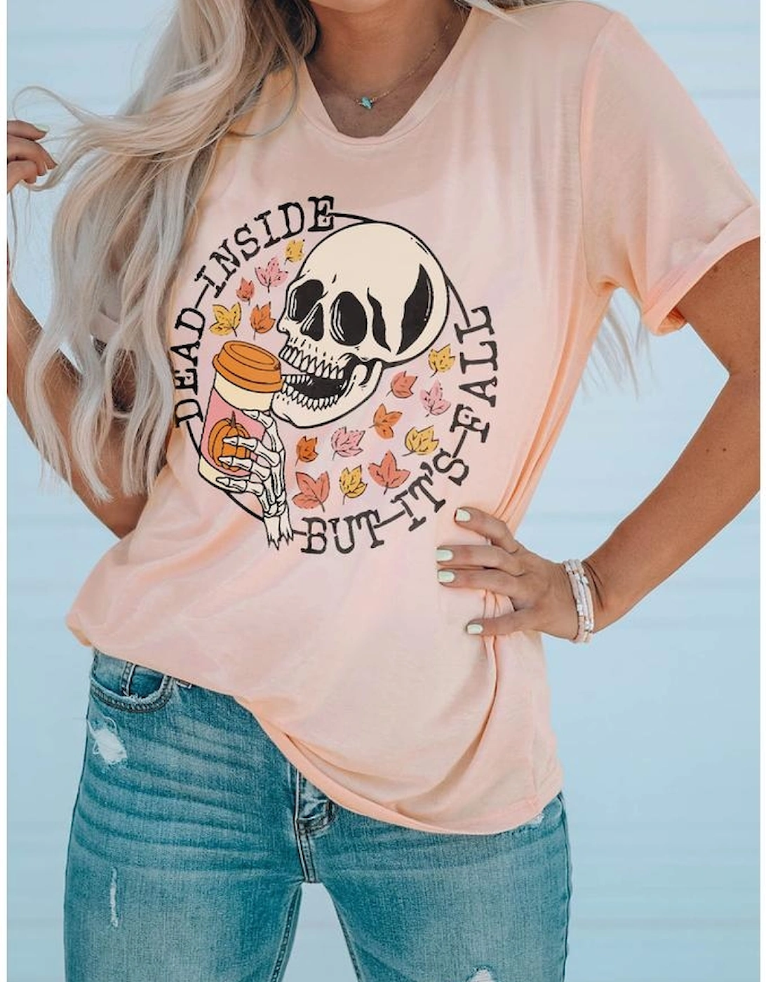 Azura Exchange Fall-themed Skull Pumpkin Maple Leaf T-Shirt