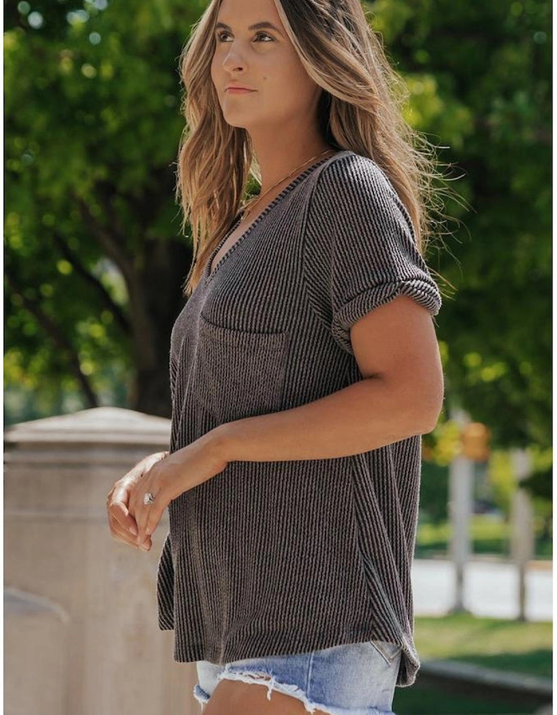 Carbon Grey Twist Short Sleeve Corded V Neck Top