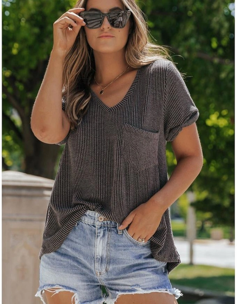 Carbon Grey Twist Short Sleeve Corded V Neck Top