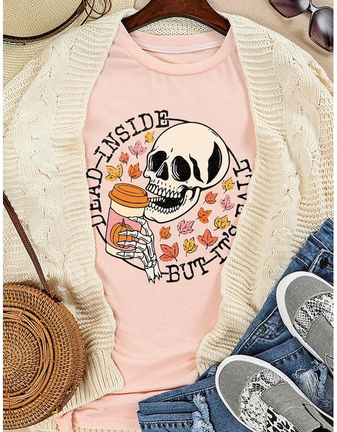 Azura Exchange Fall-themed Skull Pumpkin Maple Leaf T-Shirt