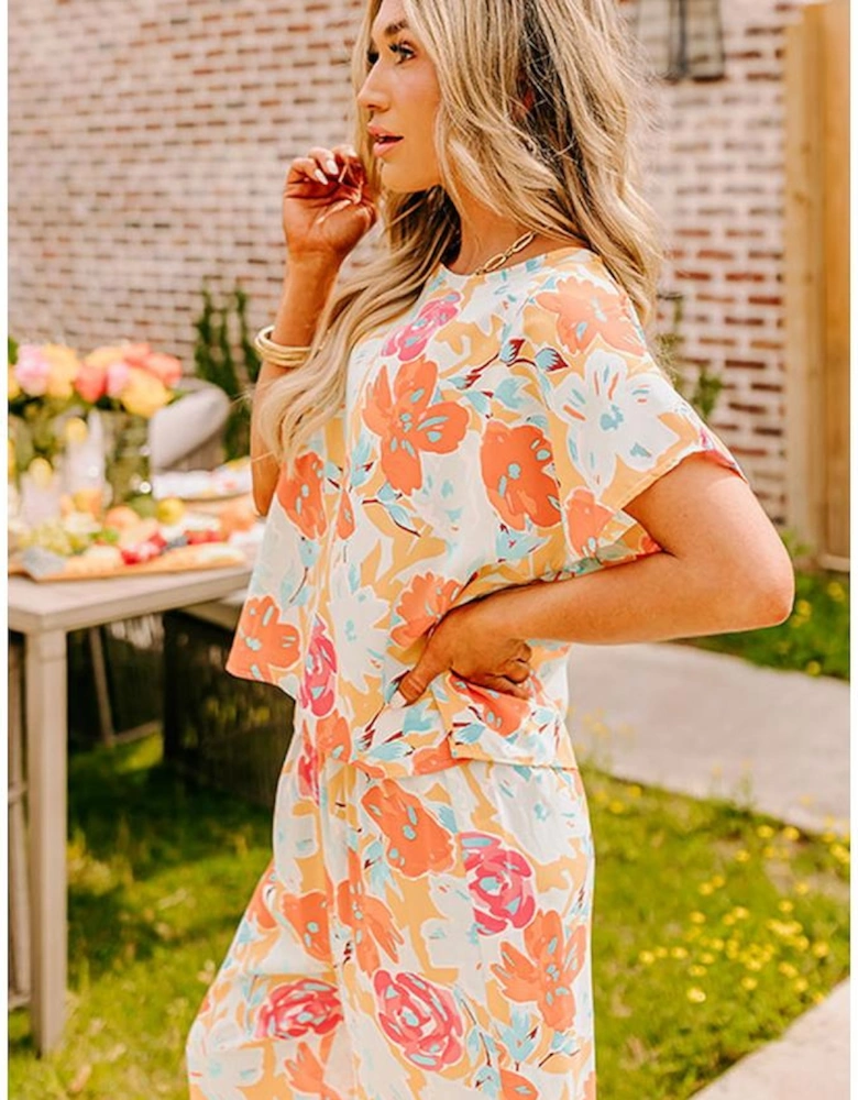 Orange Vibrant Floral Printed Short Sleeve Top 2 Piece Pants Set