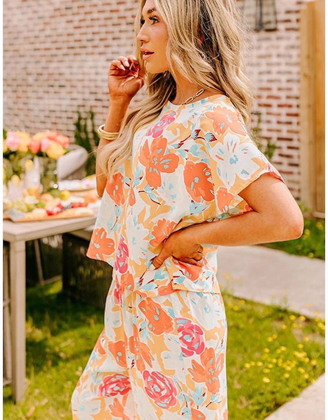 Orange Vibrant Floral Printed Short Sleeve Top 2 Piece Pants Set