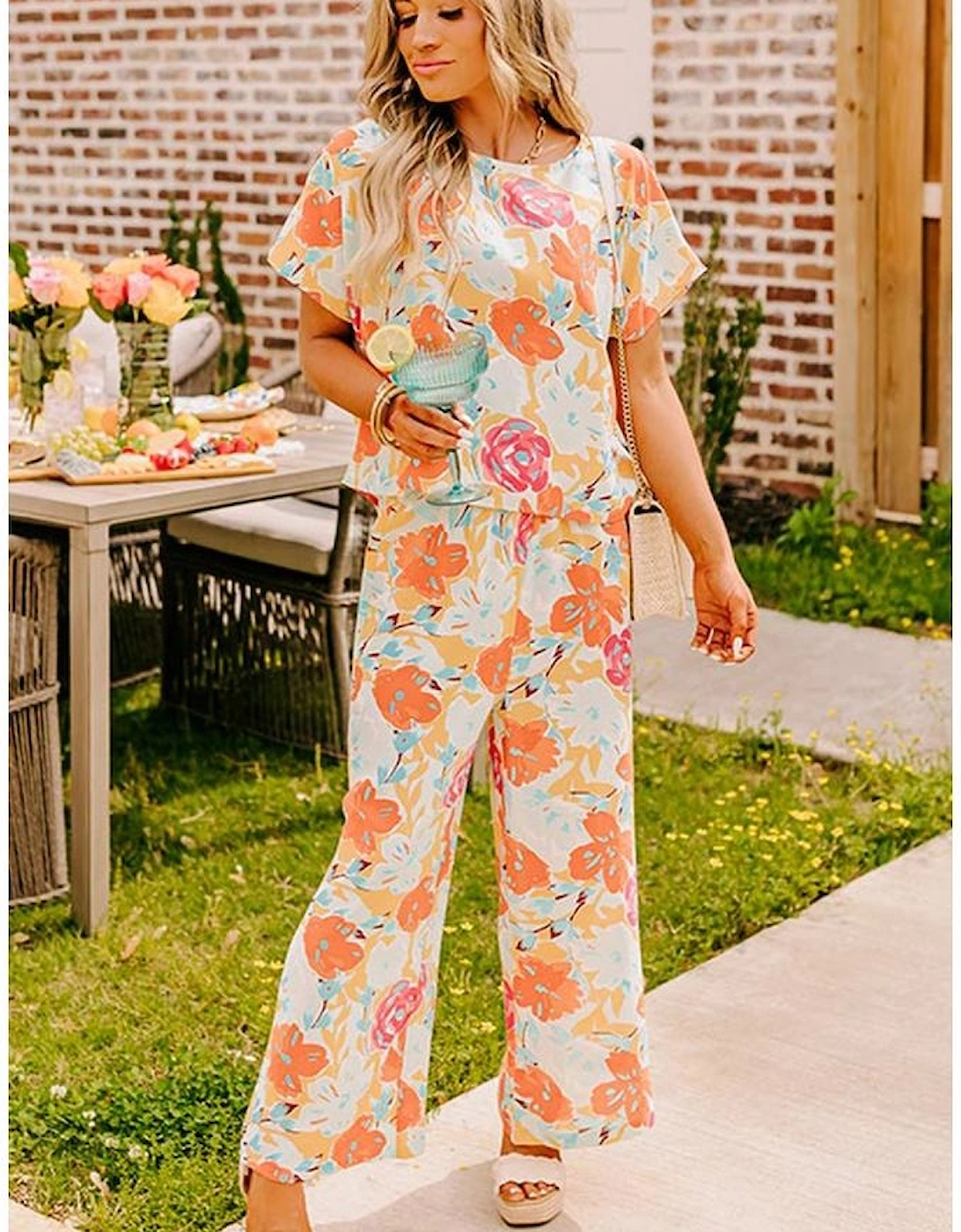 Orange Vibrant Floral Printed Short Sleeve Top 2 Piece Pants Set