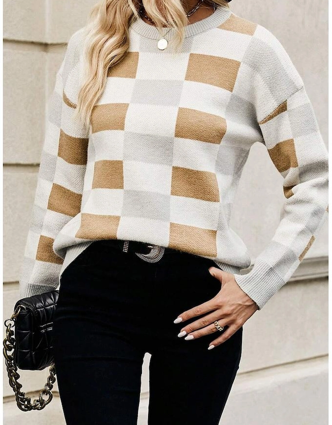 Khaki Checkered Ribbed Edge O Neck Drop Shoulder Sweater