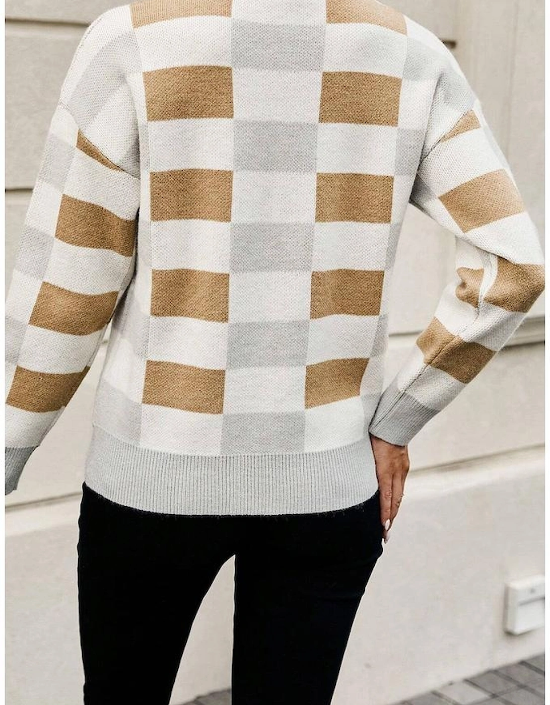 Khaki Checkered Ribbed Edge O Neck Drop Shoulder Sweater, 6 of 5