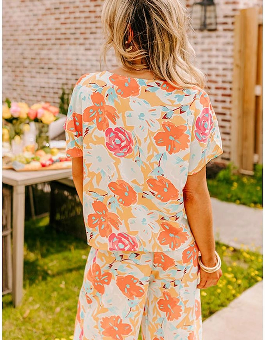 Orange Vibrant Floral Printed Short Sleeve Top 2 Piece Pants Set