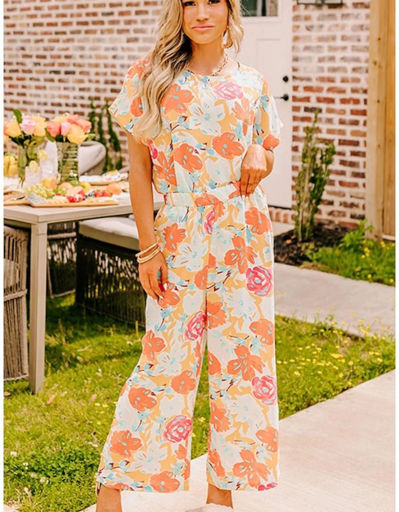Orange Vibrant Floral Printed Short Sleeve Top 2 Piece Pants Set