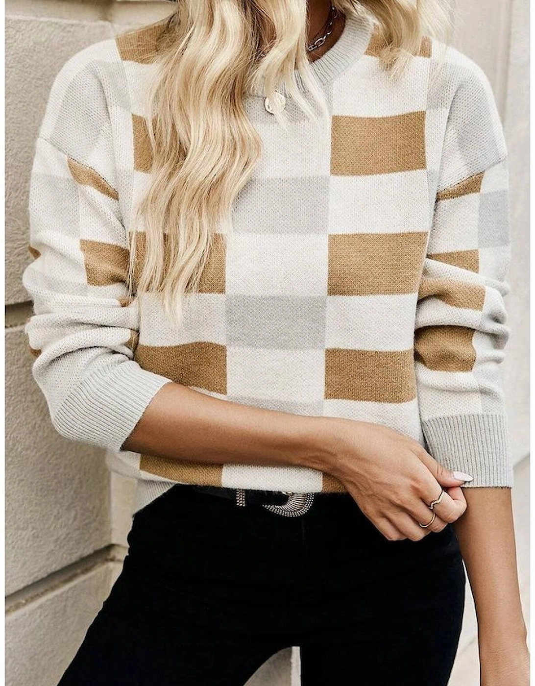 Khaki Checkered Ribbed Edge O Neck Drop Shoulder Sweater