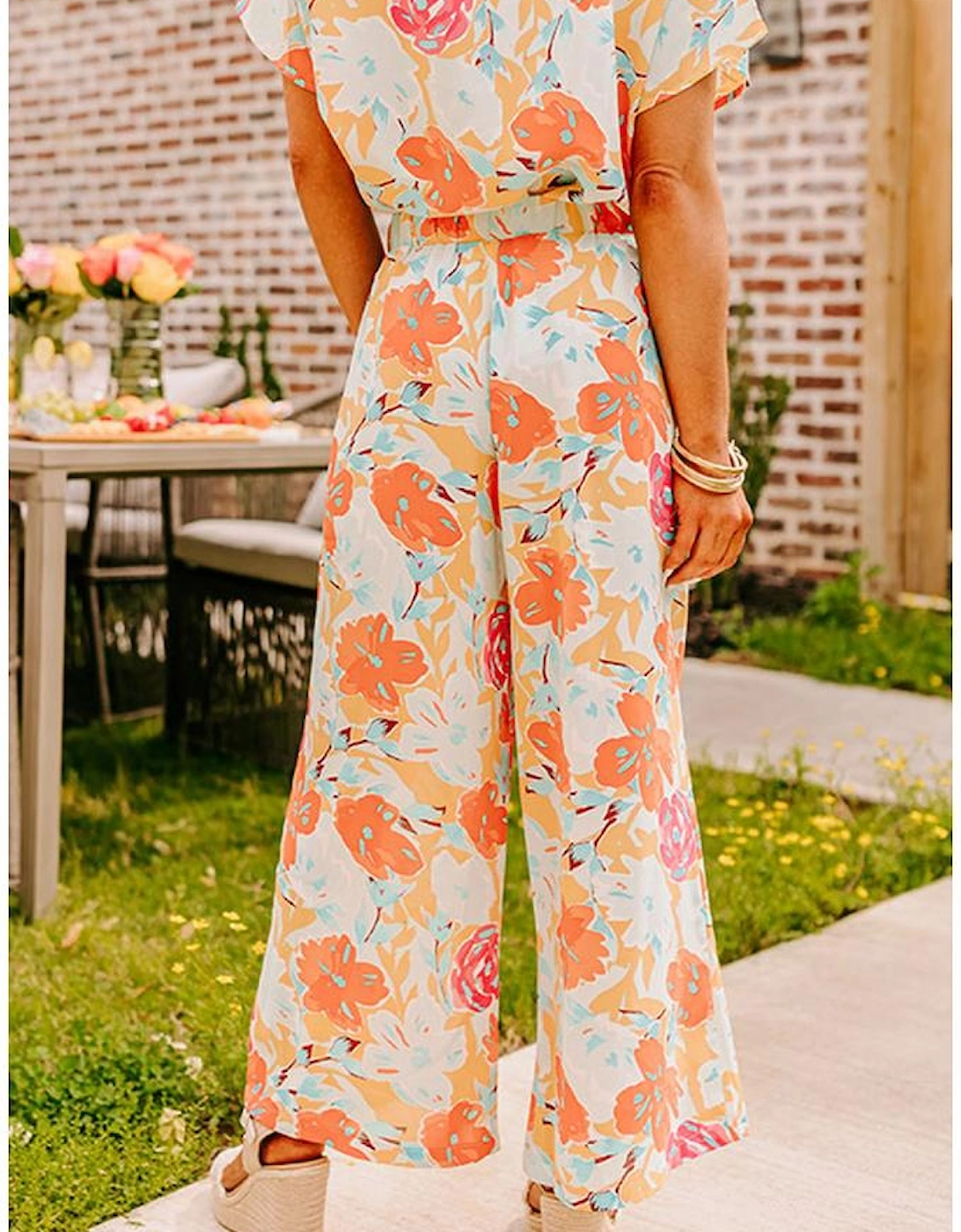 Orange Vibrant Floral Printed Short Sleeve Top 2 Piece Pants Set