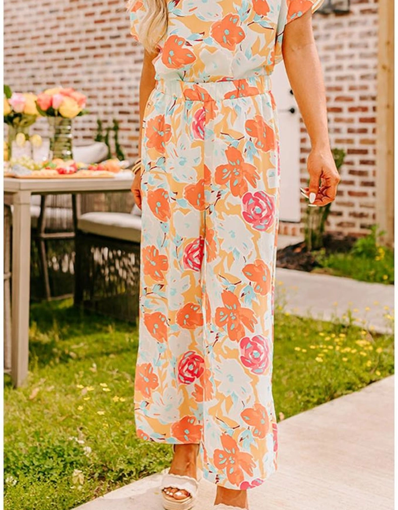 Orange Vibrant Floral Printed Short Sleeve Top 2 Piece Pants Set