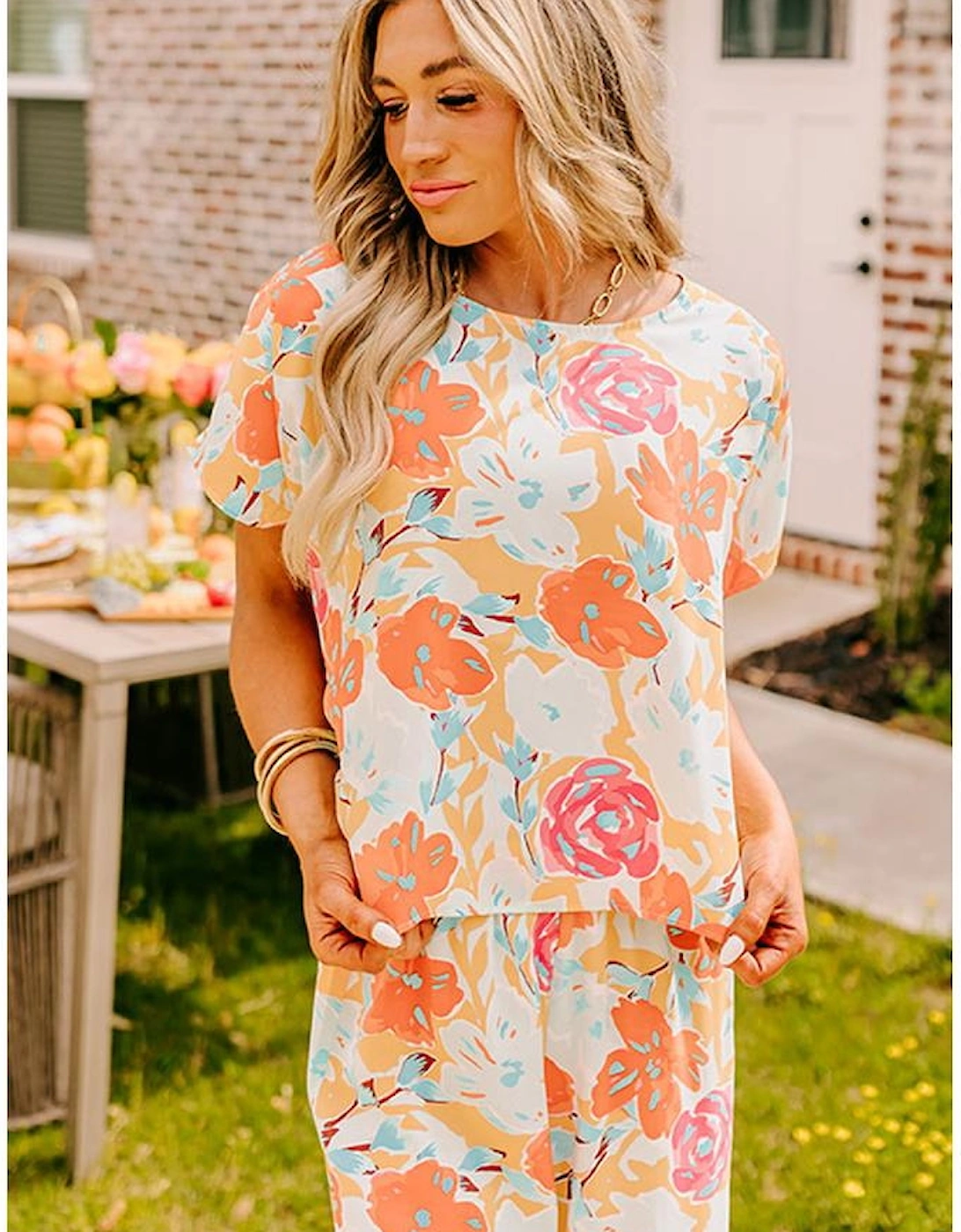 Orange Vibrant Floral Printed Short Sleeve Top 2 Piece Pants Set