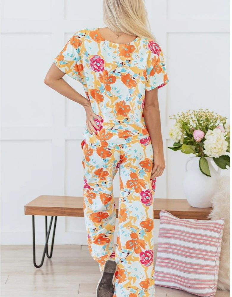 Orange Vibrant Floral Printed Short Sleeve Top 2 Piece Pants Set