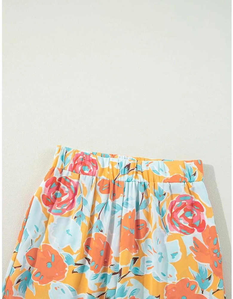 Orange Vibrant Floral Printed Short Sleeve Top 2 Piece Pants Set