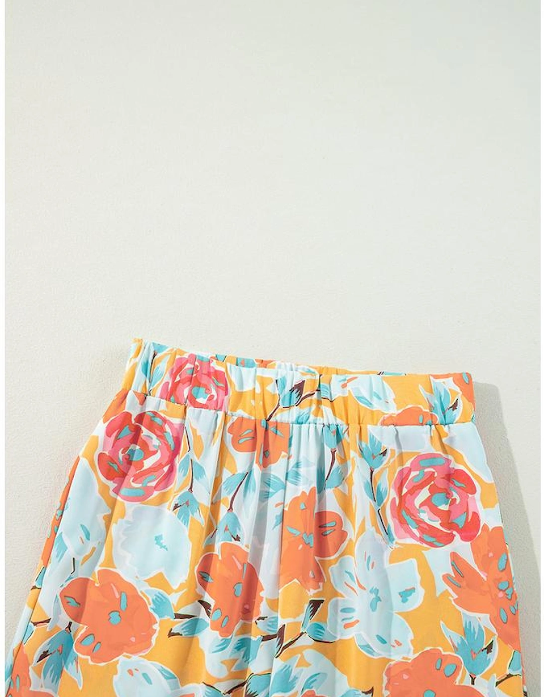 Orange Vibrant Floral Printed Short Sleeve Top 2 Piece Pants Set