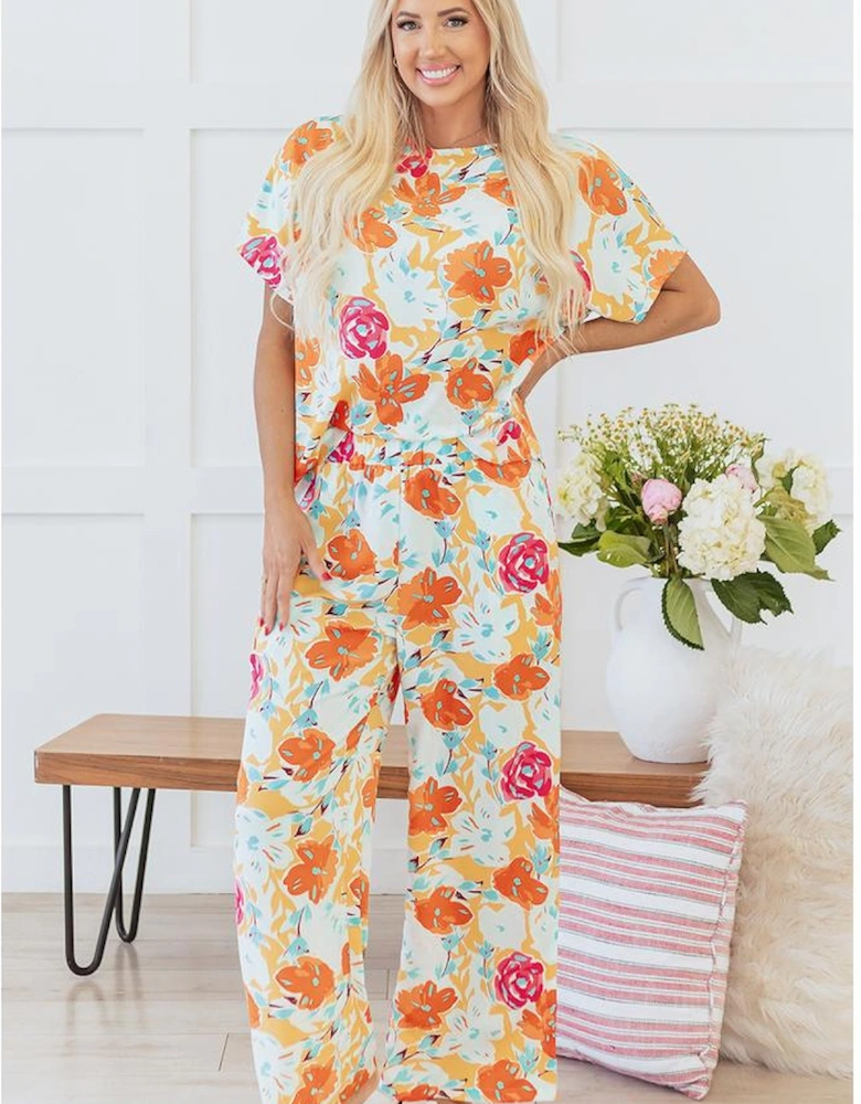 Orange Vibrant Floral Printed Short Sleeve Top 2 Piece Pants Set