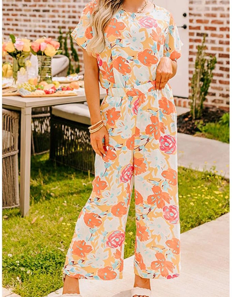 Orange Vibrant Floral Printed Short Sleeve Top 2 Piece Pants Set