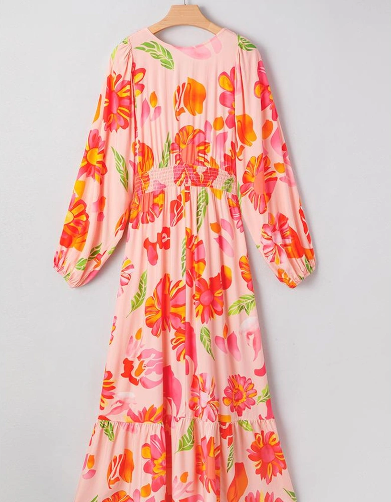Beige Floral Print Smocked Detail V Neck Puff Sleeve Flowy Maxi Dress