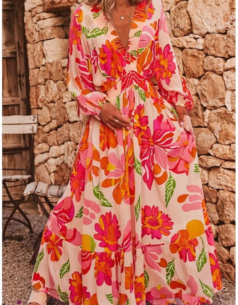 Beige Floral Print Smocked Detail V Neck Puff Sleeve Flowy Maxi Dress