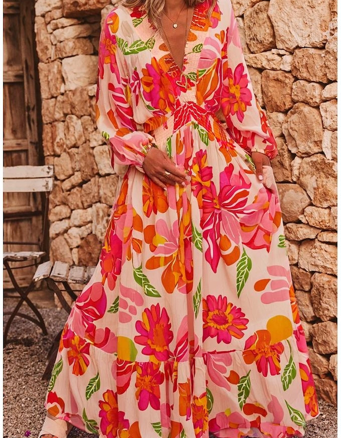 Beige Floral Print Smocked Detail V Neck Puff Sleeve Flowy Maxi Dress