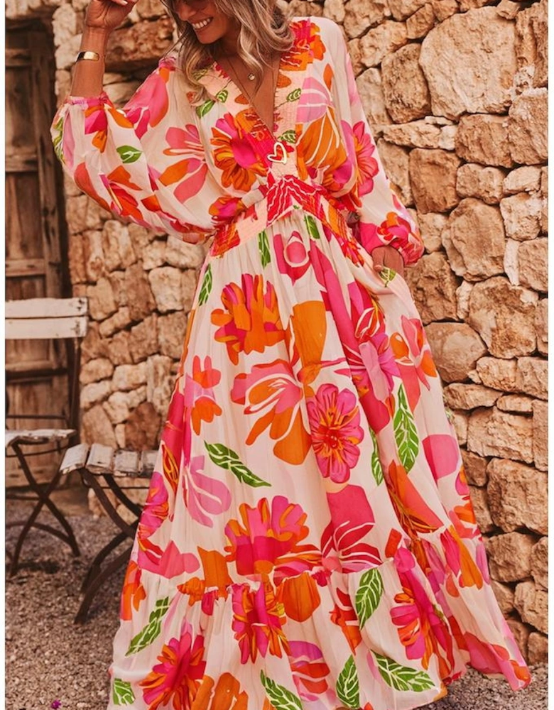 Beige Floral Print Smocked Detail V Neck Puff Sleeve Flowy Maxi Dress