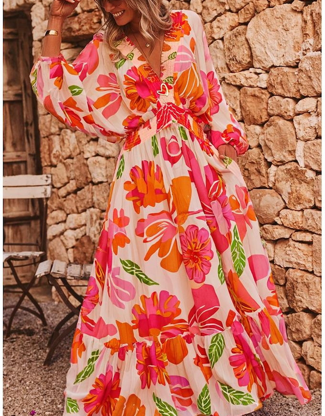 Beige Floral Print Smocked Detail V Neck Puff Sleeve Flowy Maxi Dress