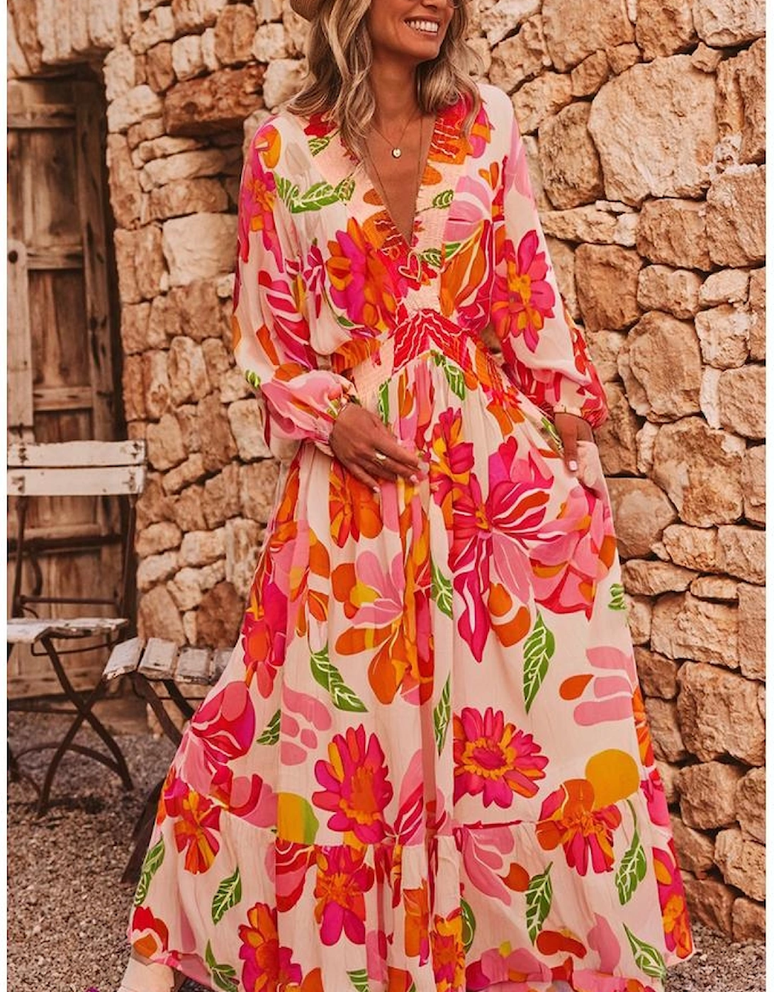 Beige Floral Print Smocked Detail V Neck Puff Sleeve Flowy Maxi Dress