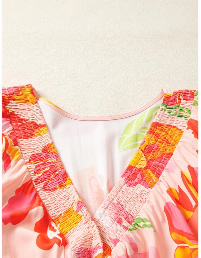 Beige Floral Print Smocked Detail V Neck Puff Sleeve Flowy Maxi Dress