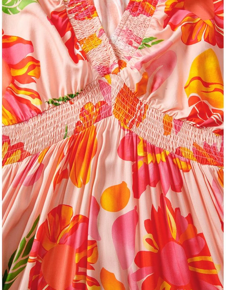 Beige Floral Print Smocked Detail V Neck Puff Sleeve Flowy Maxi Dress